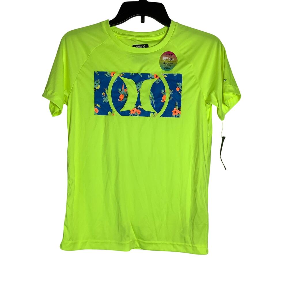 Hurley Boys Medium Green Graphic Short Sleeve Rash Guard T Shirt Beach C3-6